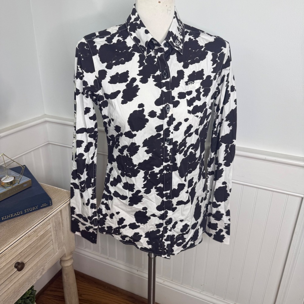 Ariat REAL Women S Cow Print Fitted Button Down Shirt Black White Western Logo